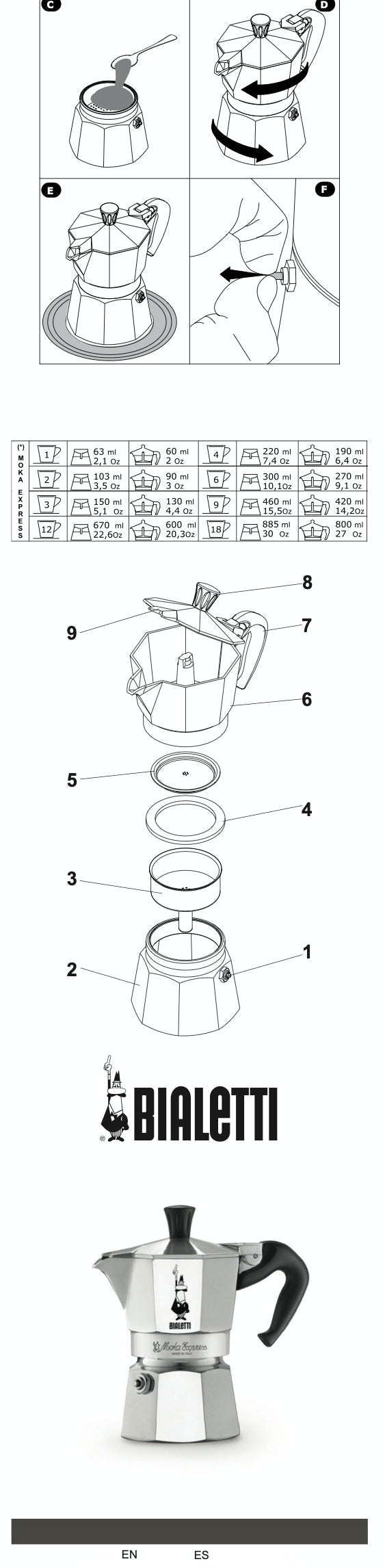 Bialetti Moka Express coffee maker with assembly instructions and brand logo.