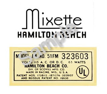 Hamilton Beach Mixette Model 51FM Logo Decal Set