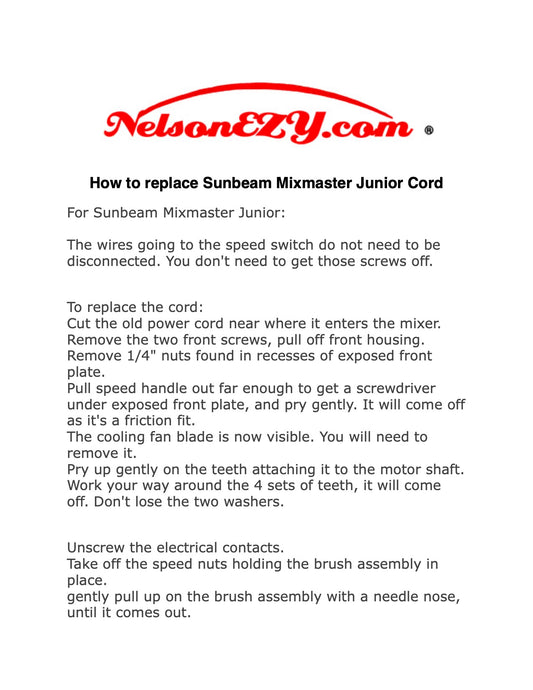 Mixmaster Junior Power Cord Replacement Guide - (Download)