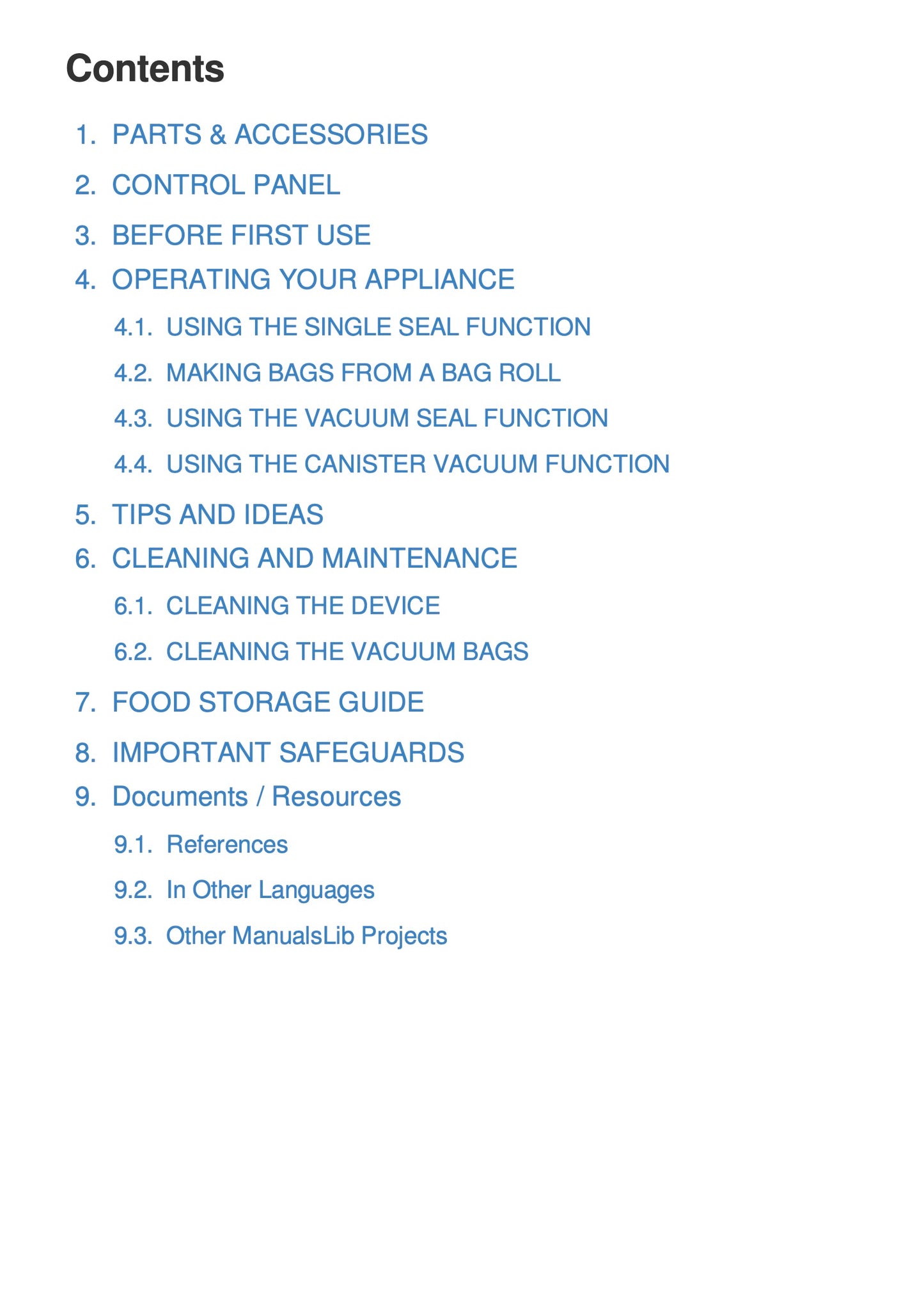 Table of contents for a manual on appliance usage and maintenance.