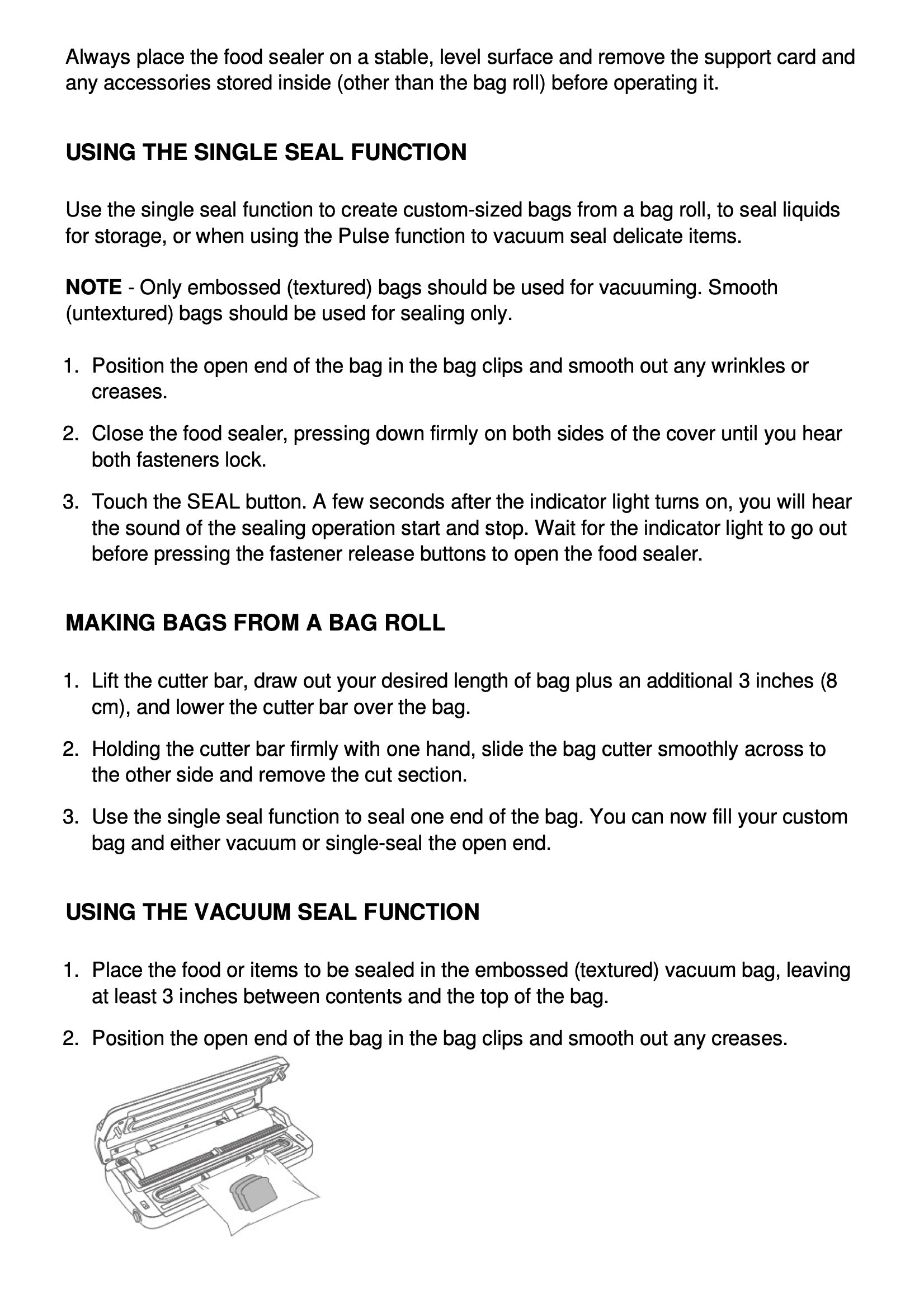Instructions for using a food sealer with text and a diagram of the device on a white background.