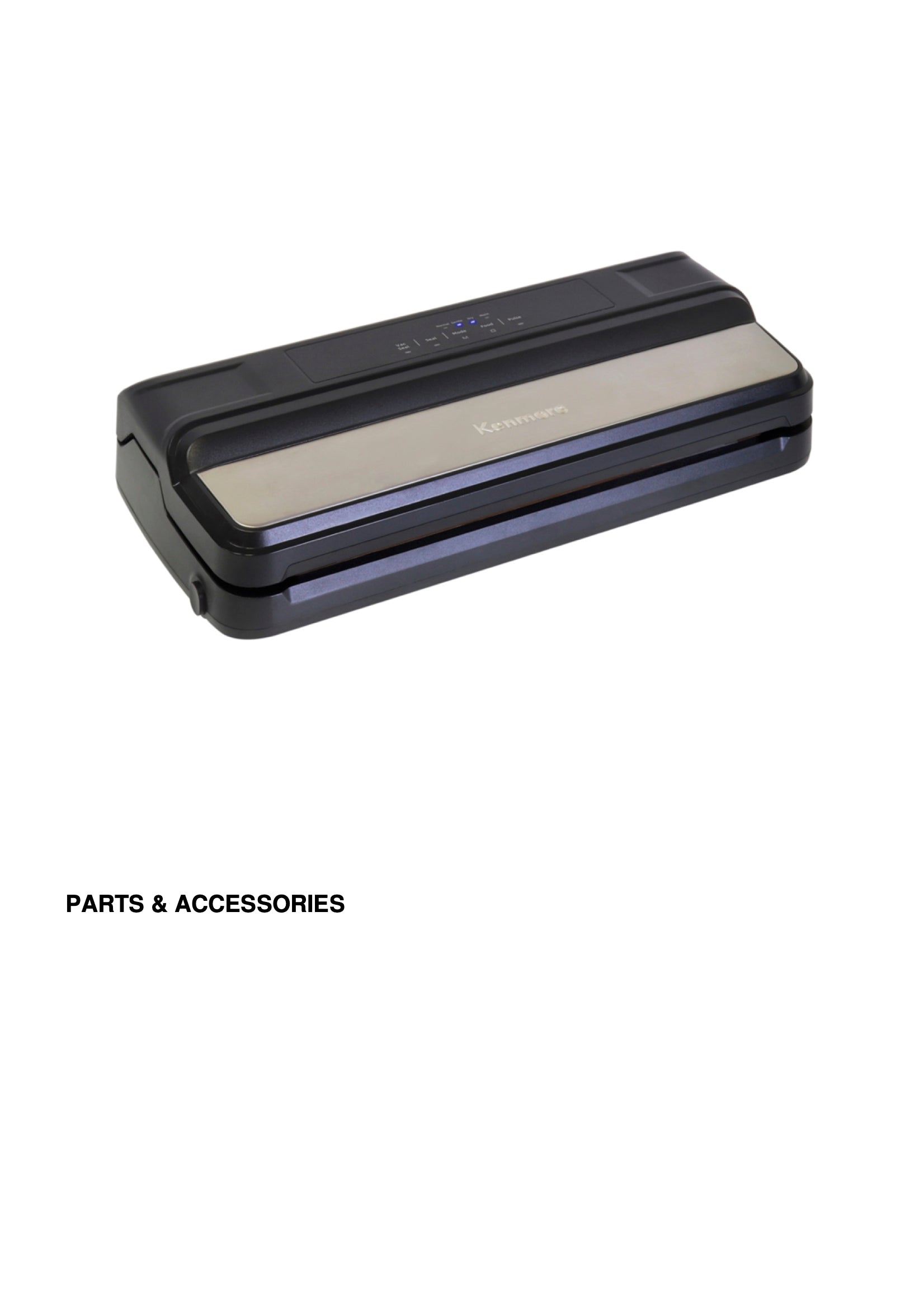 Black and silver vacuum sealer on a white background with 'Parts & Accessories' text.
