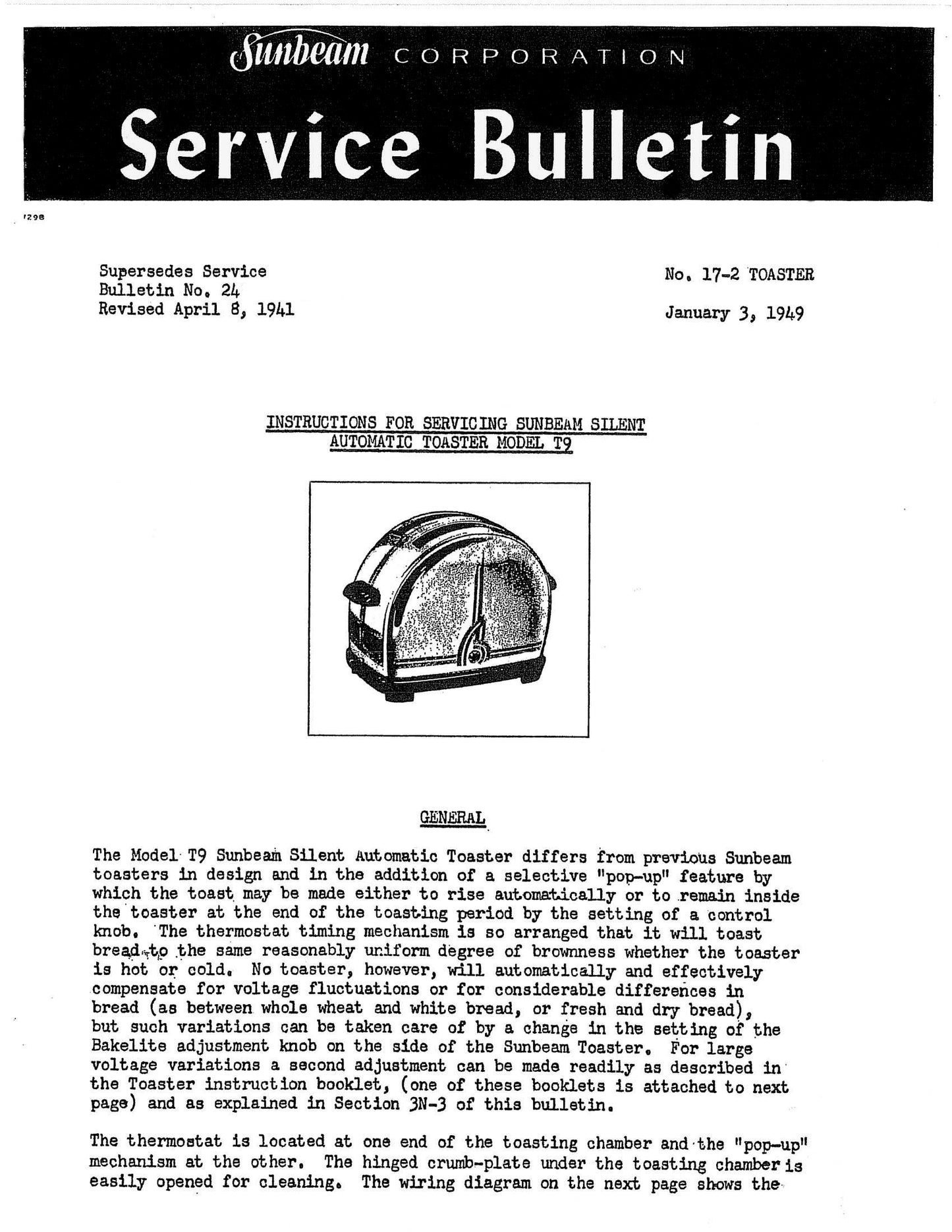 Sunbeam Repair Service Manual For T-9 Toasters - (Download)