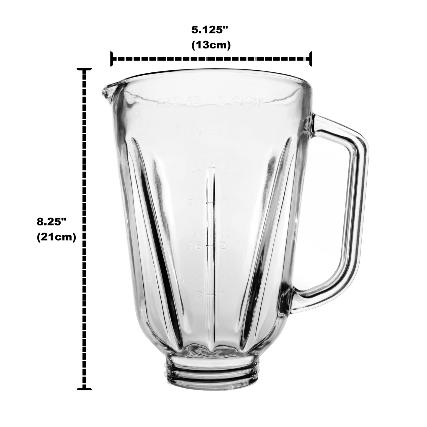 Clear glass pitcher with a handle and pouring spout, shown with overlaid dimension lines and measurements: 8.25 inches (21 cm) tall and 5.