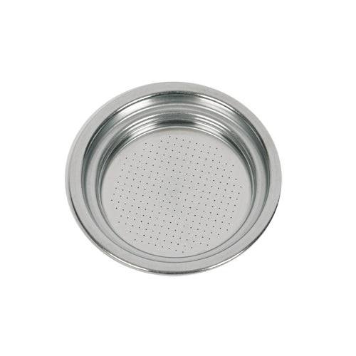 A round stainless steel coffee filter basket with a perforated center, shown from a top-down view on a white background.