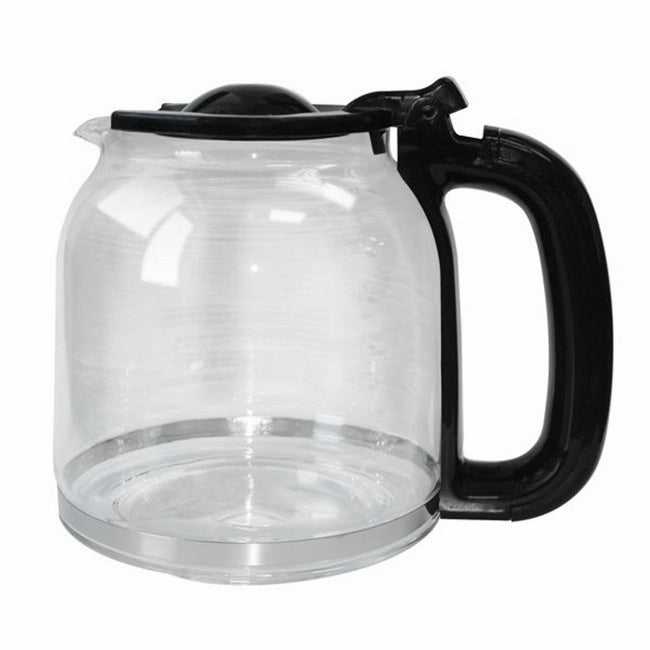 Clear glass coffee carafe with black handle on a white background