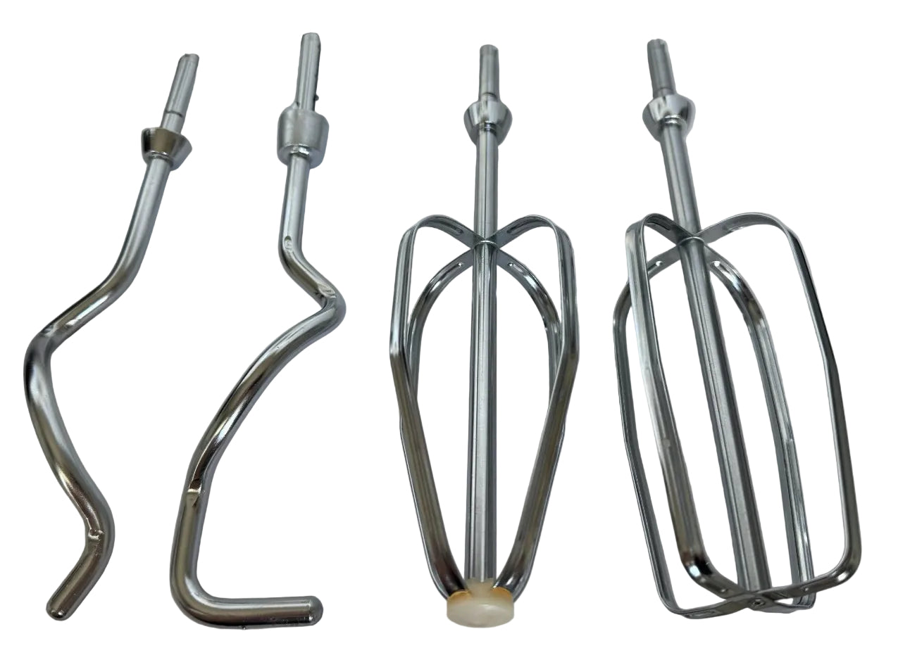 Set of metal kitchen mixer attachments on a white background