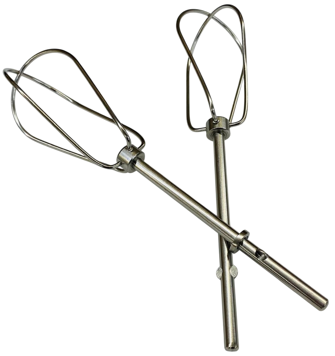 Two metal beaters on a white background