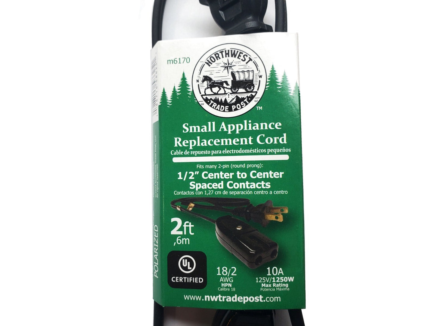 Small appliance replacement cord packaging with green label on a white background