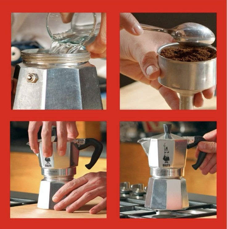 Collage of a person using a Bialetti Moka Express coffee maker with close-up shots of the process.