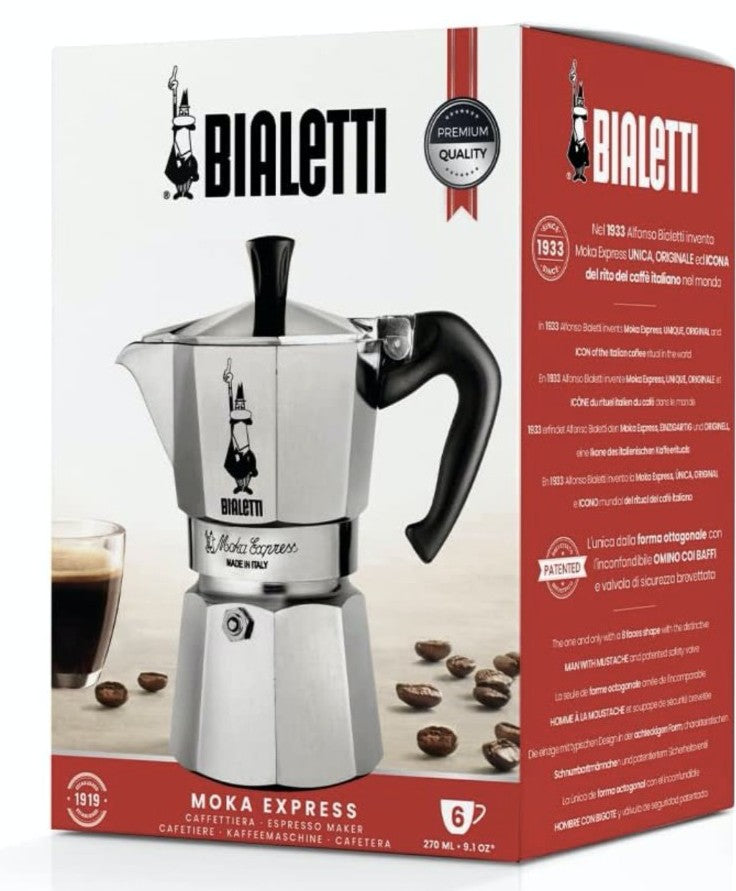 Bialetti Moka Express coffee maker with packaging on a white background