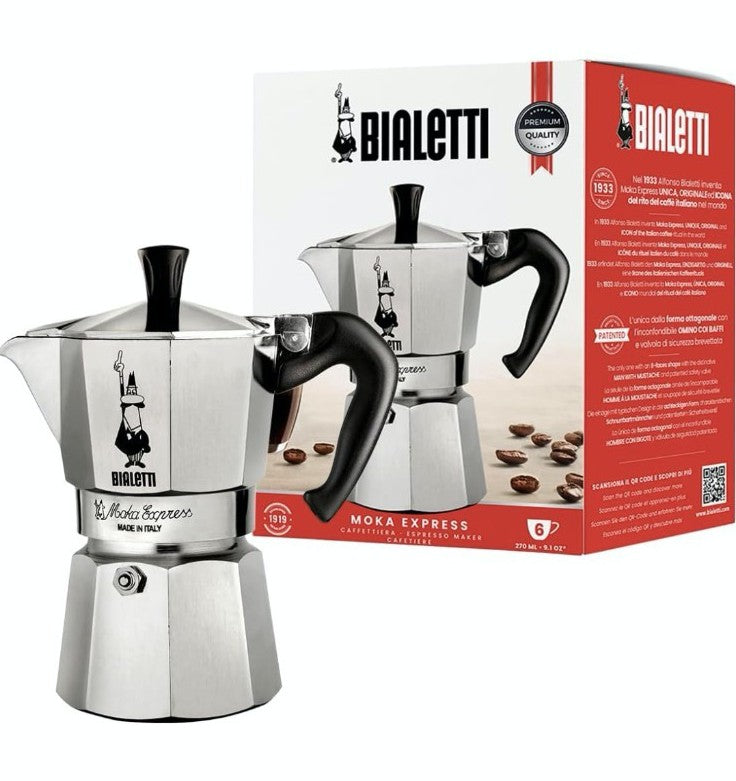 Bialetti Moka Express coffee maker with packaging on a white background