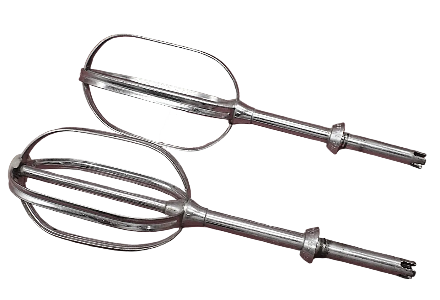 Two metal beaters on a white background