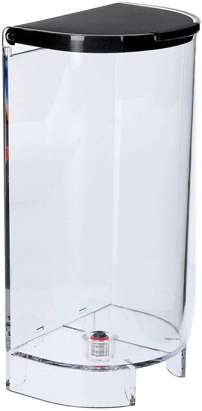 Clear plastic container with a black lid on a white background
