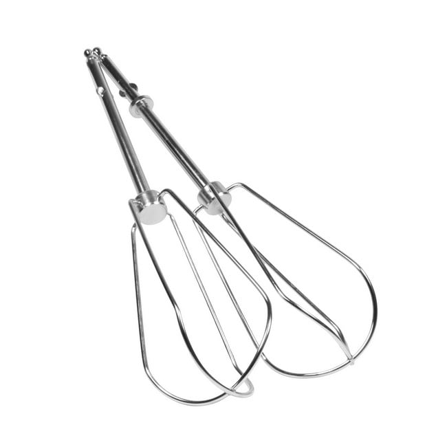 Two metal whisks on a white background