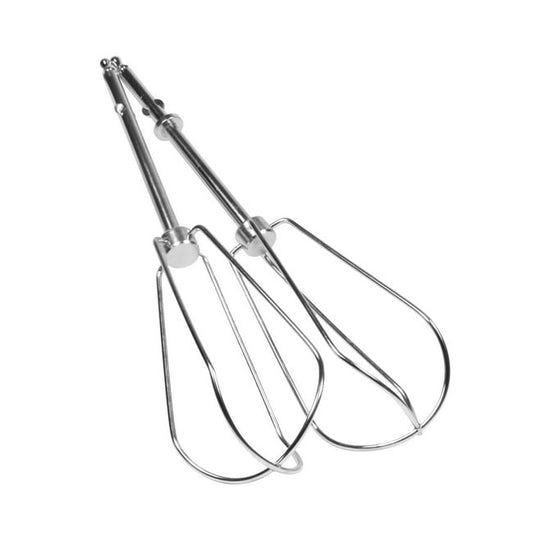 Two metal whisks on a white background