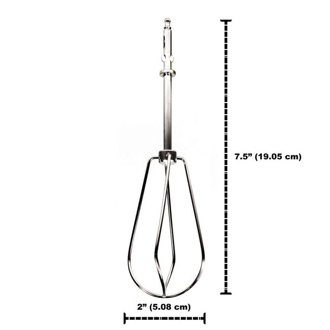 A metal electric mixer whisk attachment shown on a white background with dimension labels indicating a height of 7.5 inches (19.